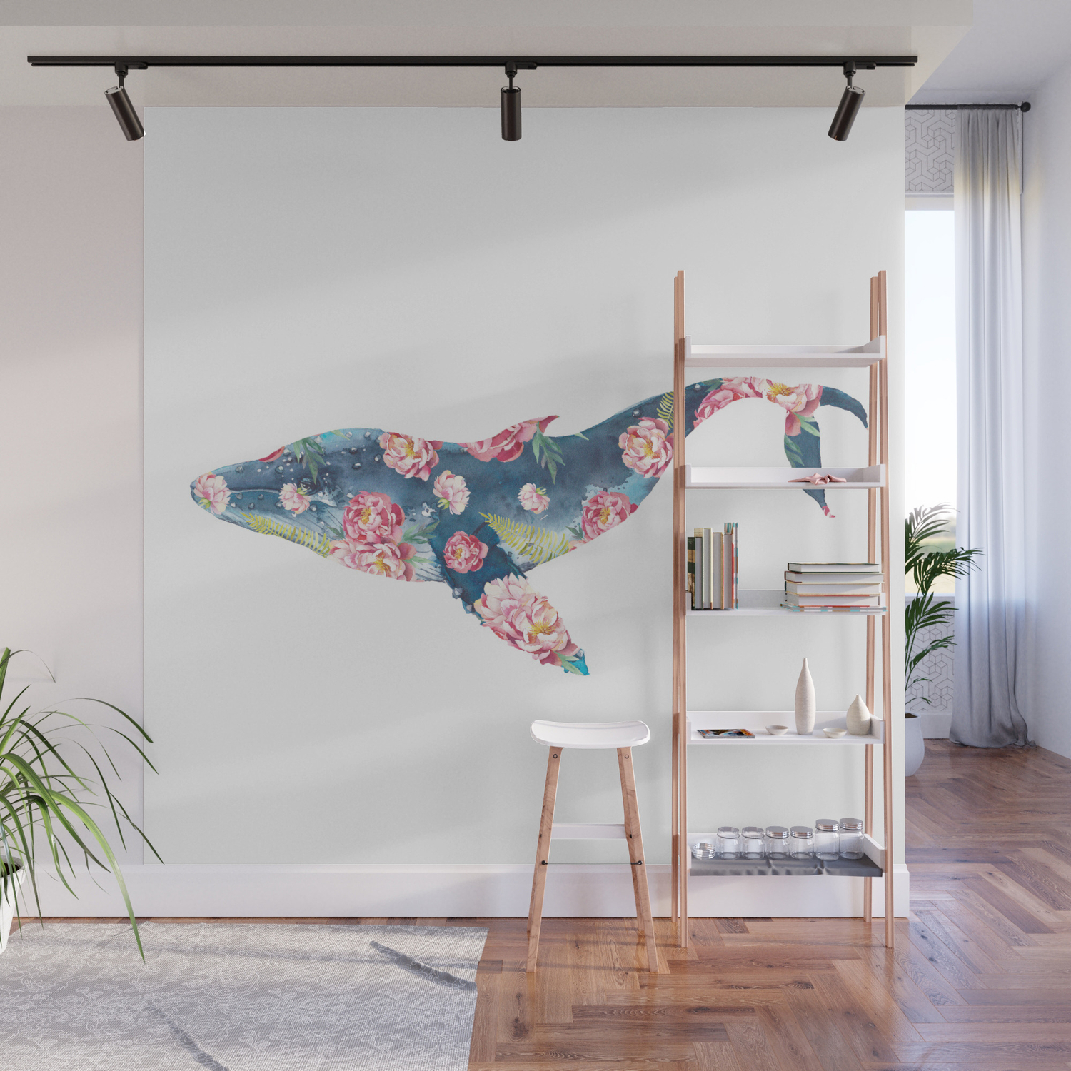 Floral Humpback Blue Whale Floral Fantasy Watercolor Painting Wall