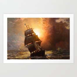 A Clipper at Sea at Sunset with lighthouse in the distance nautical maritime portrait painting by Edward Moran Art Print