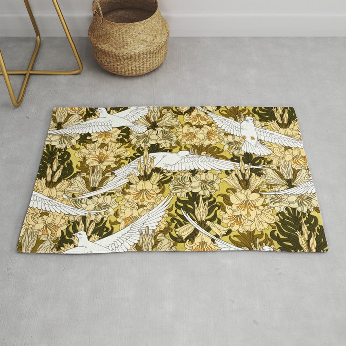 Vintage Art Nouveau White Doves and Lilies Rug