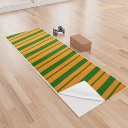 [ Thumbnail: Dark Orange & Dark Green Colored Striped/Lined Pattern Yoga Towel ]