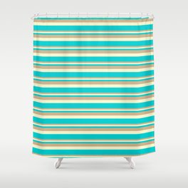 [ Thumbnail: Tan, Light Yellow, and Dark Turquoise Colored Lined Pattern Shower Curtain ]