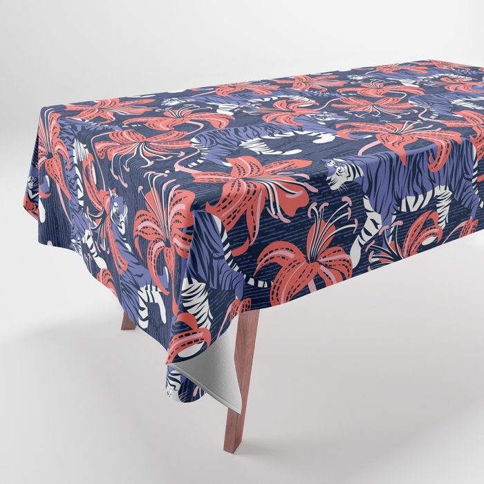 Tigers in a tiger lily garden // textured navy blue background very peri wild animals coral flowers Tablecloth