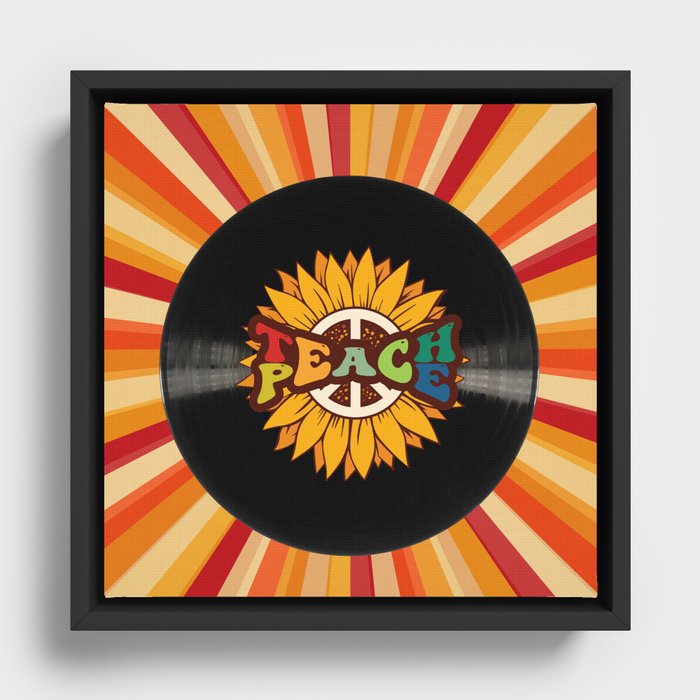Teach Peace Sunflower Retro Record Framed Canvas