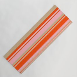 [ Thumbnail: Red, Light Pink, and Tan Colored Lined/Striped Pattern Yoga Mat ]
