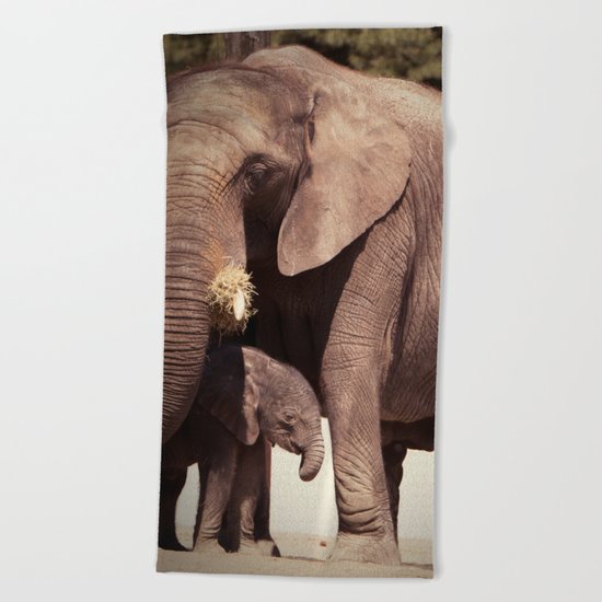 Elephants, mother and child Beach Towel