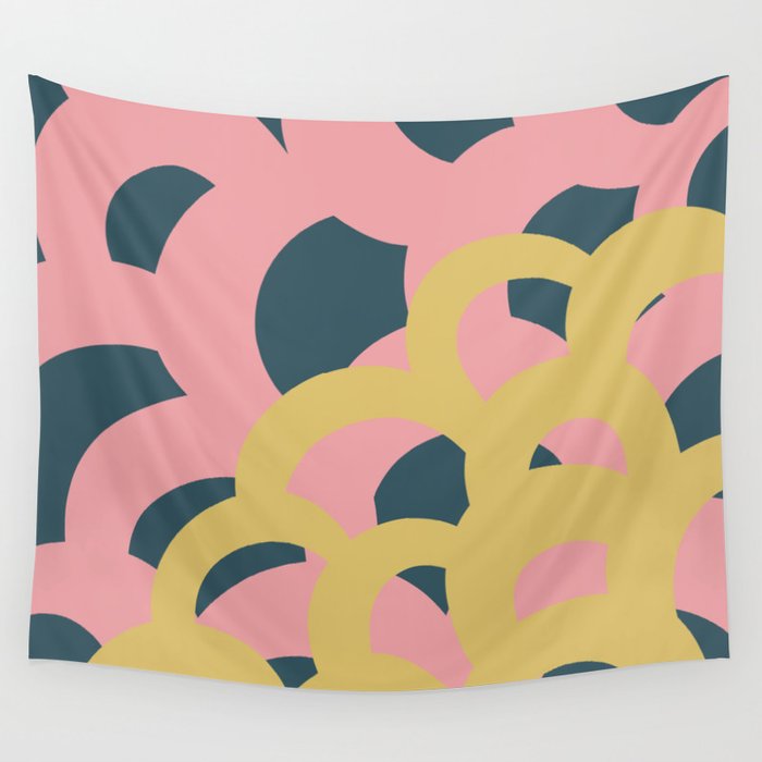 squiggly mermaid tale close up - pink navy yellow Wall Tapestry