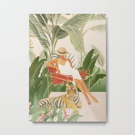 The Lady and the Tiger II Metal Print | Cat, Curated, Pattern, Art, Nature, Summer Vibes, Painting, Girl, Minimal, Tropical 