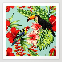 tropic bird toucan multicolor parrot background exotic flower hibiscus palm leaf summer floral plant nature animals wallpaper pattern Art Print