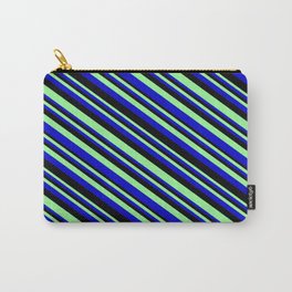 [ Thumbnail: Green, Blue & Black Colored Striped/Lined Pattern Carry-All Pouch ]