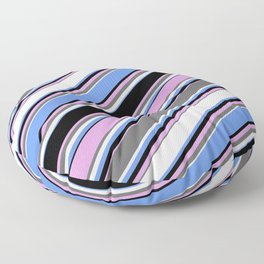 [ Thumbnail: Eye-catching Cornflower Blue, Black, Plum, Dim Grey, and White Colored Lined Pattern Floor Pillow ]