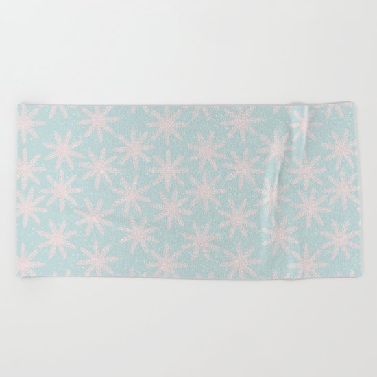 Merry christmas- pink snowflakes and snow on aqua backround Beach Towel