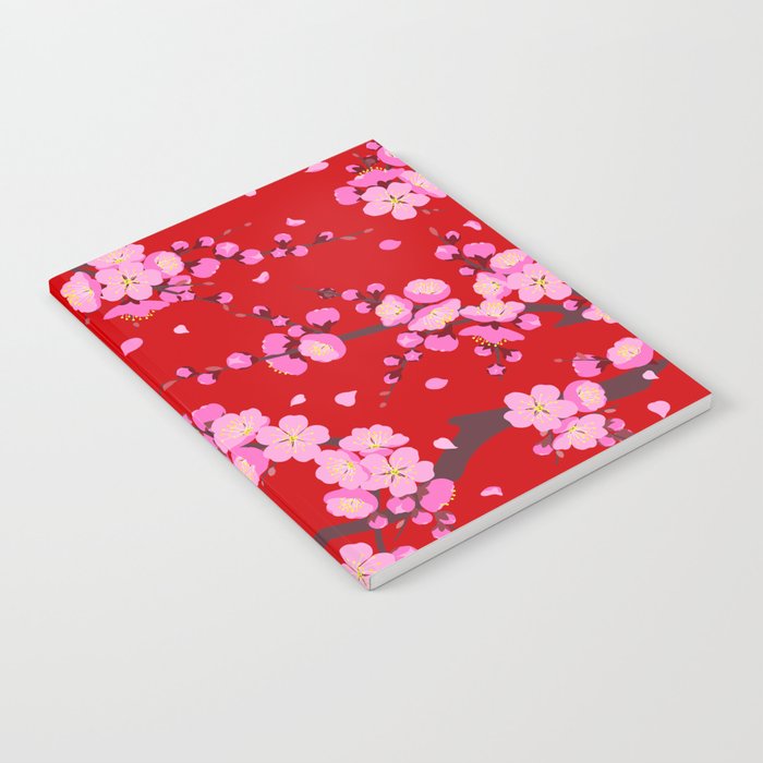 Cherry Blossom Japanese Flowers Red Background Seamless Pattern Notebook