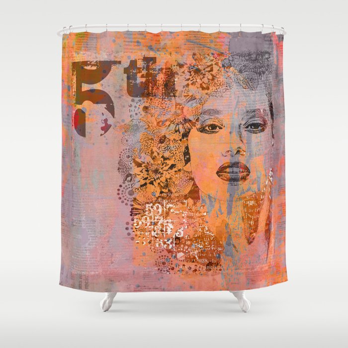 Wild Woman modern face mixed media art orange Shower Curtain