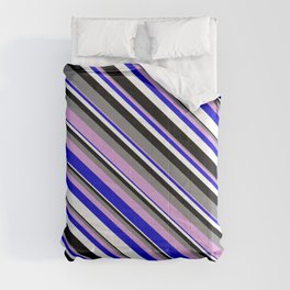 [ Thumbnail: Colorful Grey, Plum, Blue, White, and Black Colored Lined Pattern Comforter ]