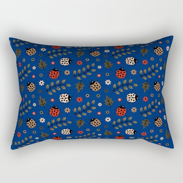 Ladybug and Floral Seamless Pattern on Blue Background Rectangular Pillow