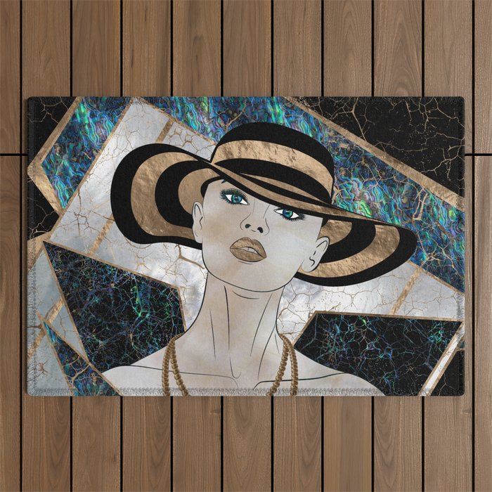 Woman in striped Hat - Gold and Abalone Outdoor Rug