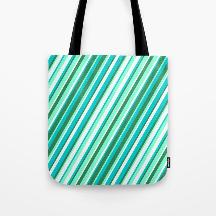 Dark Turquoise, Sea Green, Aquamarine, and Mint Cream Colored Striped/Lined Pattern Tote Bag