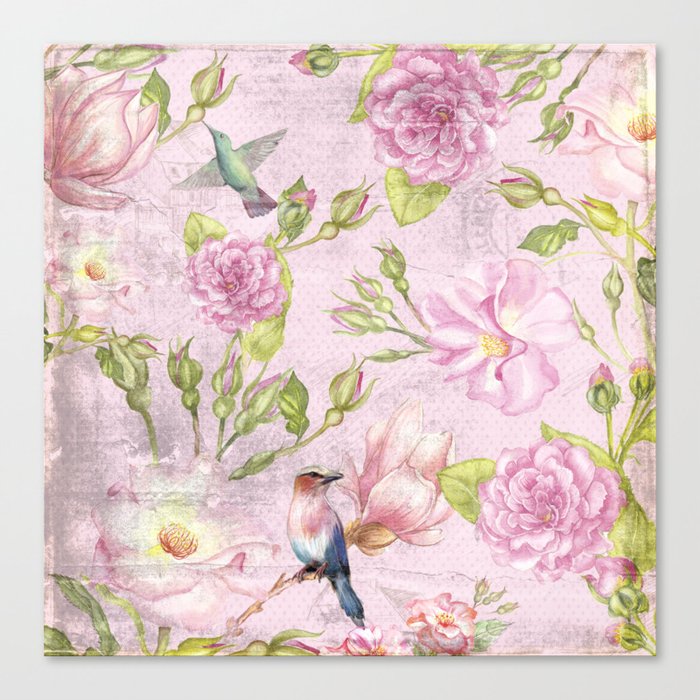 Floral painterly background in pink with Roses Flowers and Birds Canvas Print