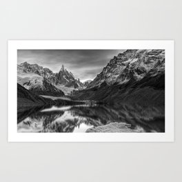 Cerro Torre mountains, southern tip of Argentina and edge of Chile near Antarctica glacial lake panorama black and white photograph Art Print