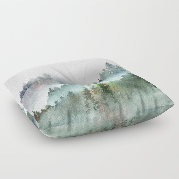 Watercolor Pine Forest Mountains in the Fog Floor Pillow