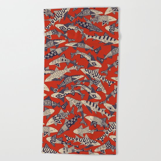 shark party red Beach Towel
