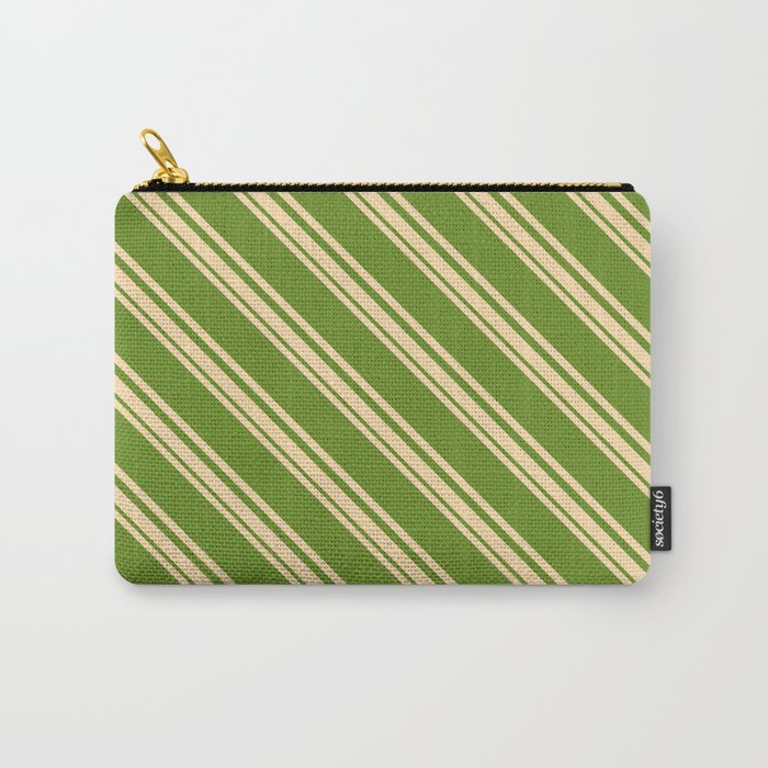Tan and Green Colored Striped/Lined Pattern Carry-All Pouch
