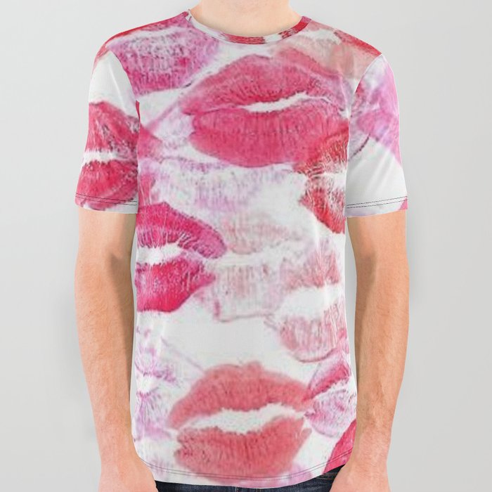 Pink and Red Aesthetic Lipstick Kisses All Over Graphic Tee
