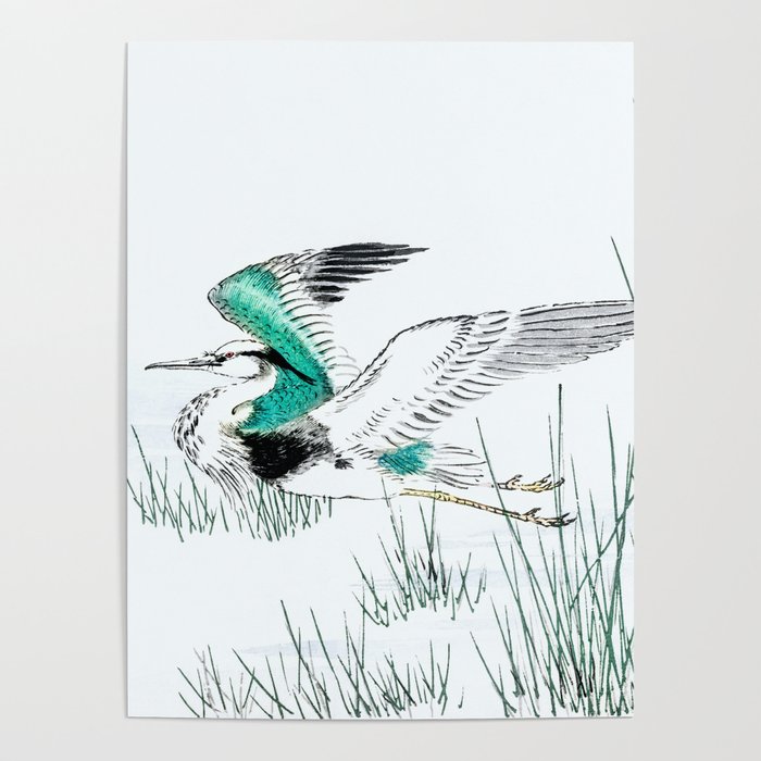 Heron Flying Over Swamp Reeds - Vintage Japanese Woodblock Print Art Poster