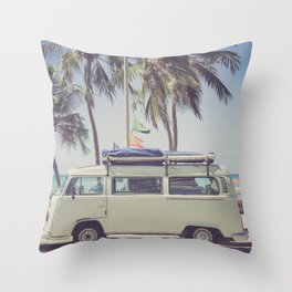 bus, van, beach, hippie, tropical, summer, travel, explore, adventure, wanderlust, travel van, boho Throw Pillow
