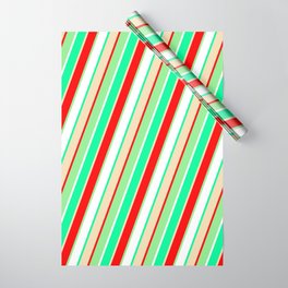[ Thumbnail: Eye-catching Green, Tan, Red, Light Green, and White Colored Pattern of Stripes Wrapping Paper ]