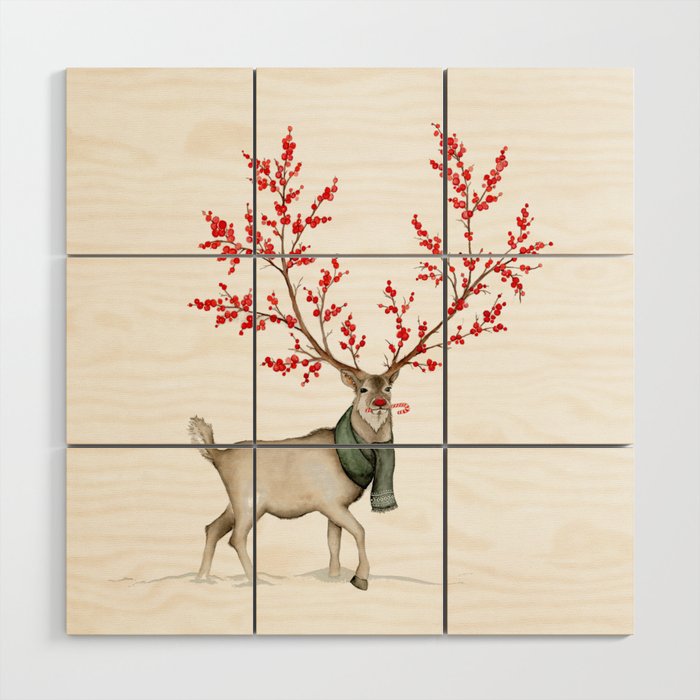 Rudolph the Winterberry Antler'd Reindeer Wood Wall Art