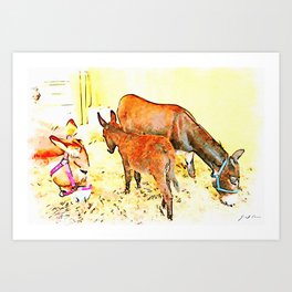 Female donkey with the puppy Art Print | Impressionism, Urbansketcher, Cub, Femaledonkey, Animal, Italy, Digital, Figurative, Stable, Photorealism 