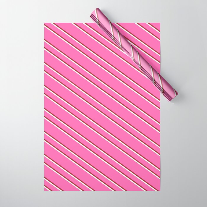 Hot Pink, Brown, and Mint Cream Colored Striped Pattern Wrapping Paper
