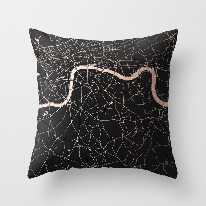 London Black on Rosegold Street Map Throw Pillow