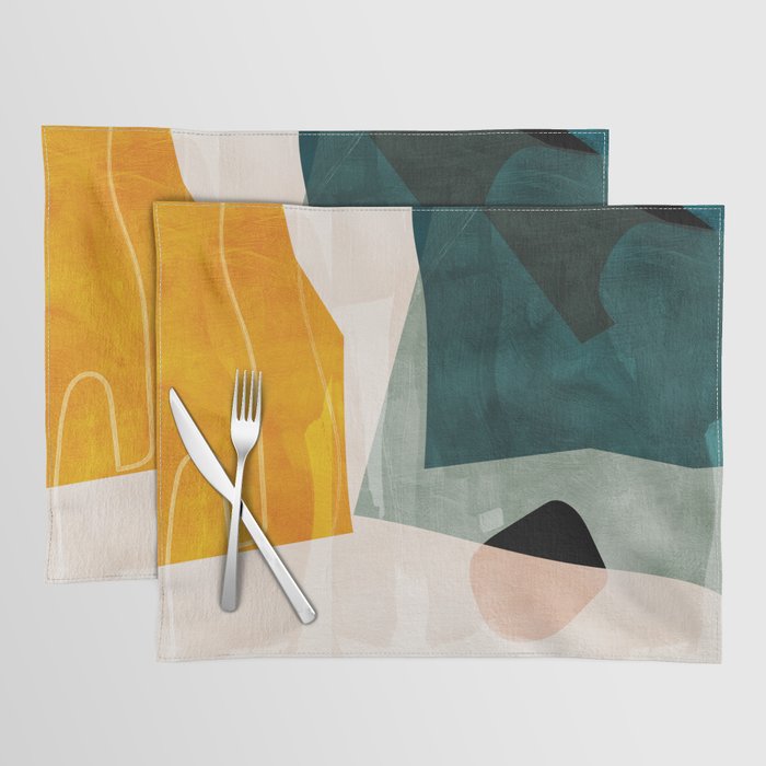 mid century shapes abstract painting 3 Placemat | Graphic-design, Digital, Acrylic, Watercolor, Curry, Teal, Mid, Century, Mid-century, Modern