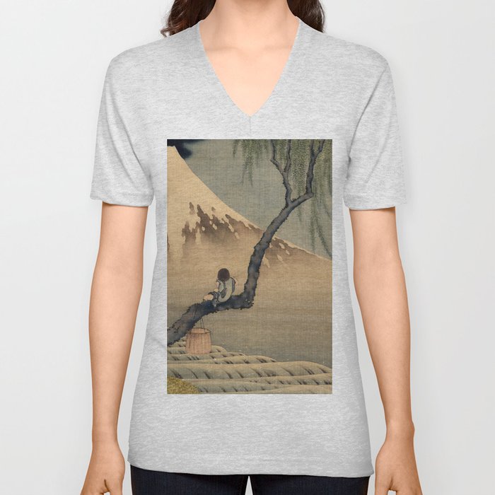 Boy Viewing Mount Fuji, 1898 by Katsushika Hokusai V Neck T Shirt