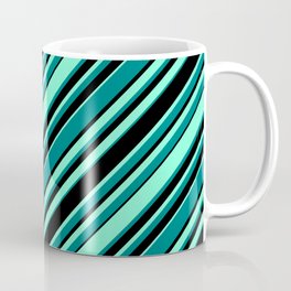 [ Thumbnail: Aquamarine, Teal, and Black Colored Pattern of Stripes Coffee Mug ]