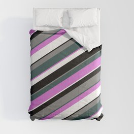 [ Thumbnail: Eye-catching Grey, Dark Slate Gray, Orchid, White, and Black Colored Stripes Pattern Comforter ]