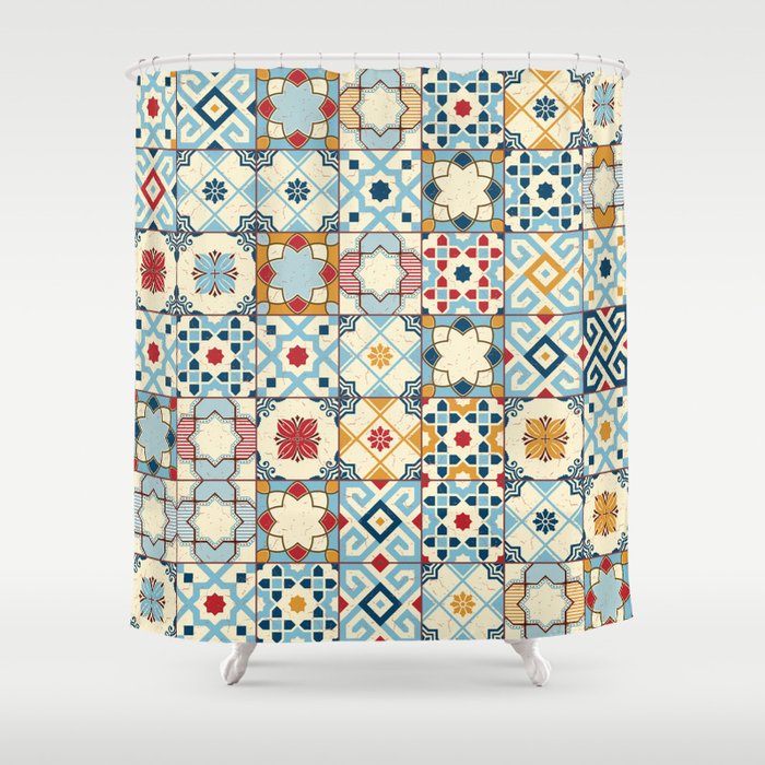 Gorgeous seamless pattern white colorful Moroccan, Portuguese tiles, Azulejo, ornaments Shower Curtain