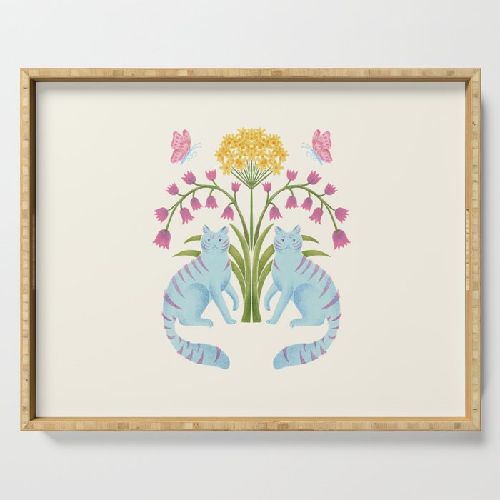 Fantastic Blue Cats & Flowers Serving Tray