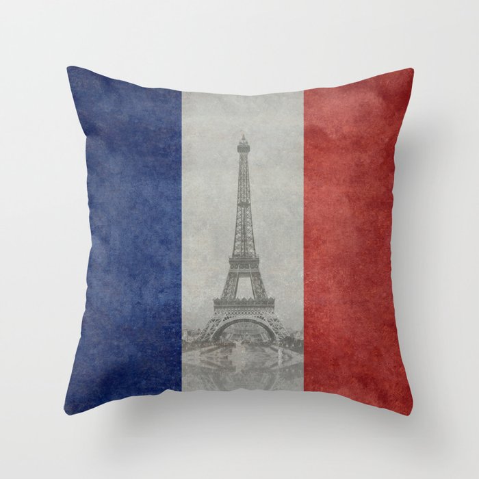 Flag of France with Eiffel Tower Vintage style Throw Pillow