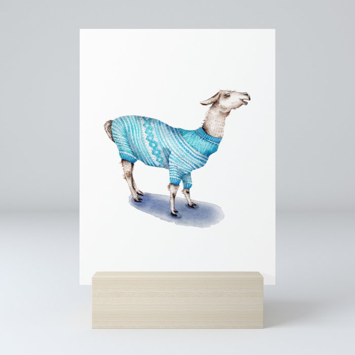 Llama in a Blue Sweater Mini Art Print