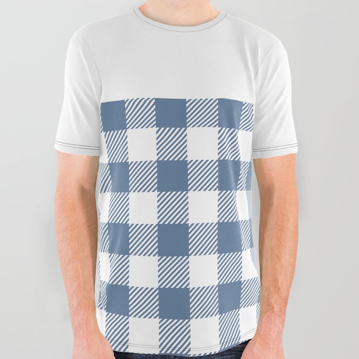 Buffalo Plaid Gingham on Slate Blue and White Horizontal Split All Over Graphic Tee