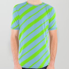 [ Thumbnail: Sky Blue & Green Colored Striped/Lined Pattern All Over Graphic Tee ]