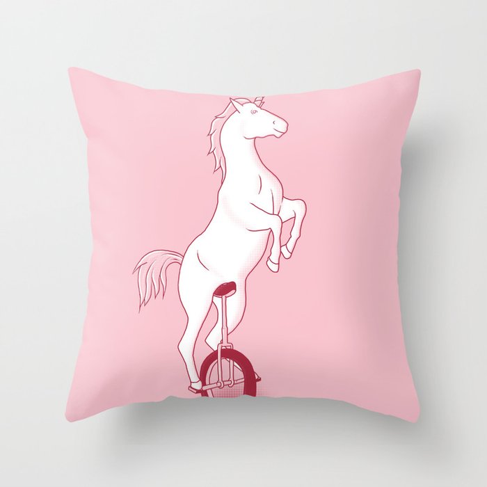 Unicorn on a unicycle - pink Throw Pillow