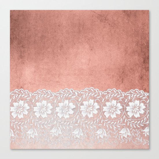 White floral luxury lace on pink rosegold grunge backround Canvas Print