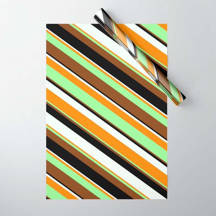 Eyecatching Mint Cream, Dark Orange, Green, Brown, and Black Colored Lines/Stripes Pattern Wrapping Paper