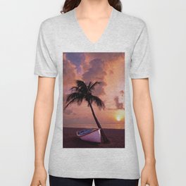 Boat Coast Palm Tree Sunset ocean beach coastline V Neck T Shirt