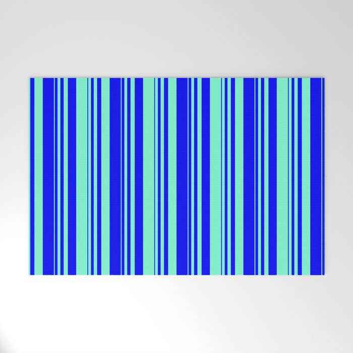 Blue & Aquamarine Colored Striped Pattern Welcome Mat