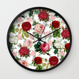 Botanical red pink white romantic roses floral Wall Clock